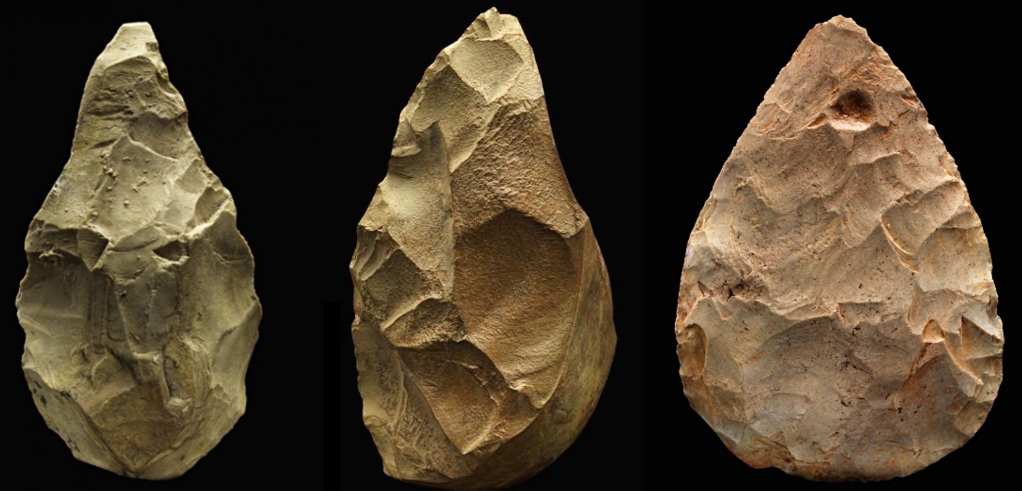 Hachas de mano líticas de hace + - 500.000 años hechas por el homo erectus. Para Papanek y Buchminster F. el diseño ya estaba aquí, en estas herramientas rudimentarias